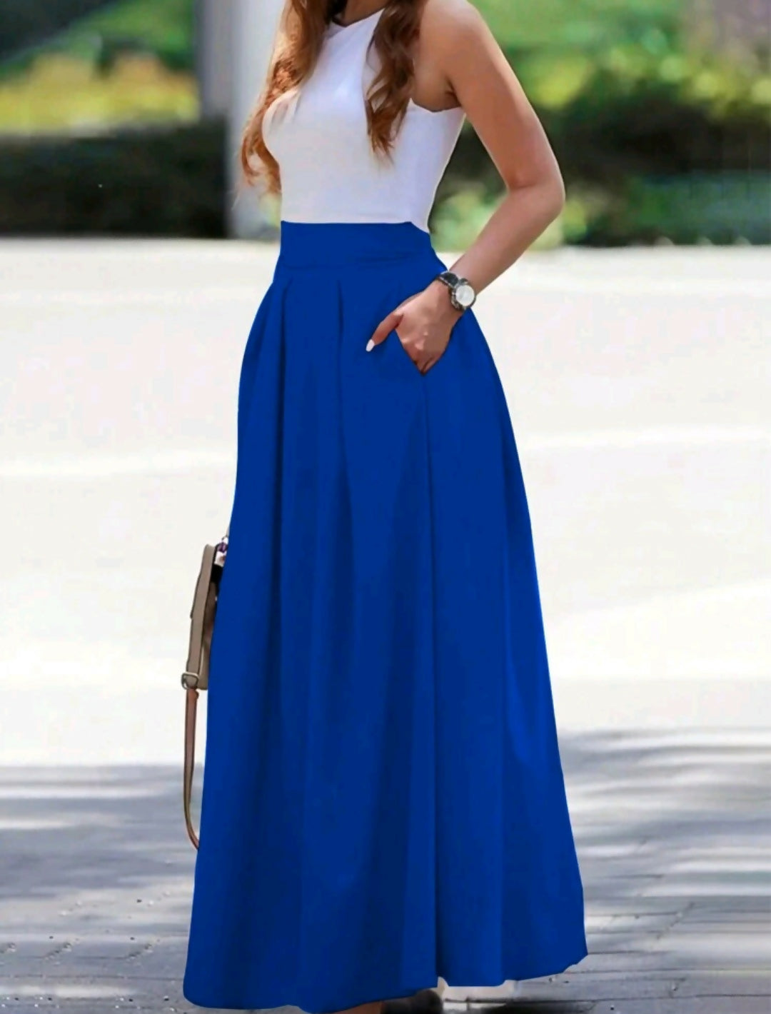 New High-Waisted Pleated Maxi Skirt with pocket