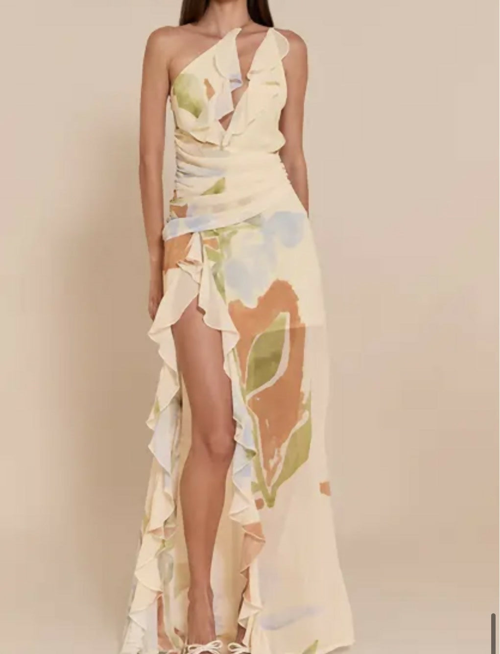 Floral Chiffon Frill Plunge Dress Cream Pretty Little Things Size 6