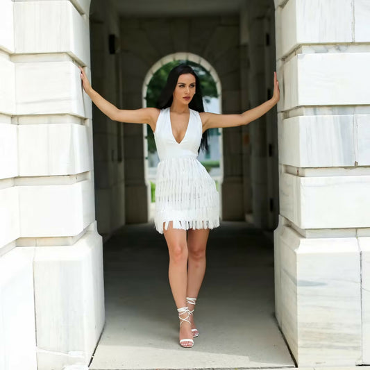 Missguided x Carli Bybel White Fringed Tassel Detail Bodycon Dress (Pre-loved)