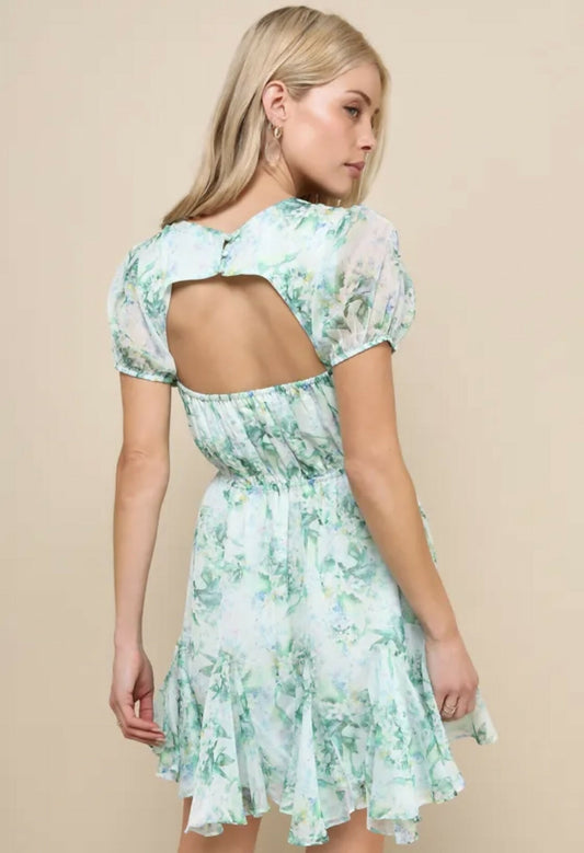 Adored Behavior Light Green Floral Cutout Puff Sleeve Mini Dress