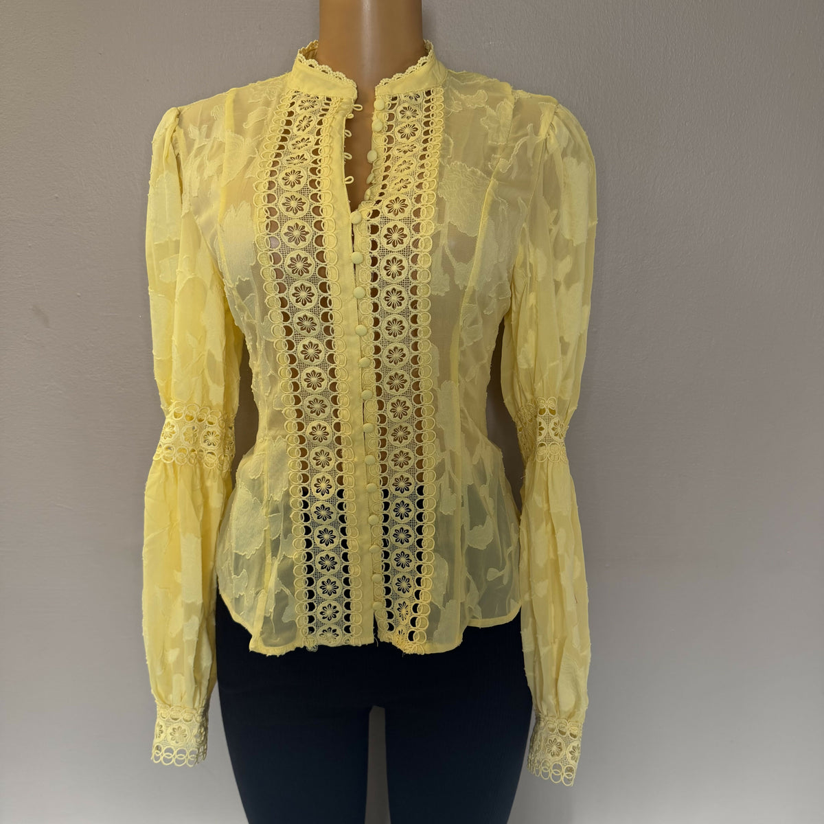 Yellow Lace Puff Sleeve Blouse