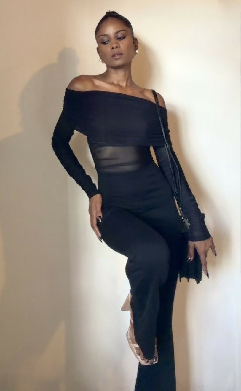 Feline Fatal - Black Off-The-Shoulder Mesh Wide-Leg Jumpsuit
