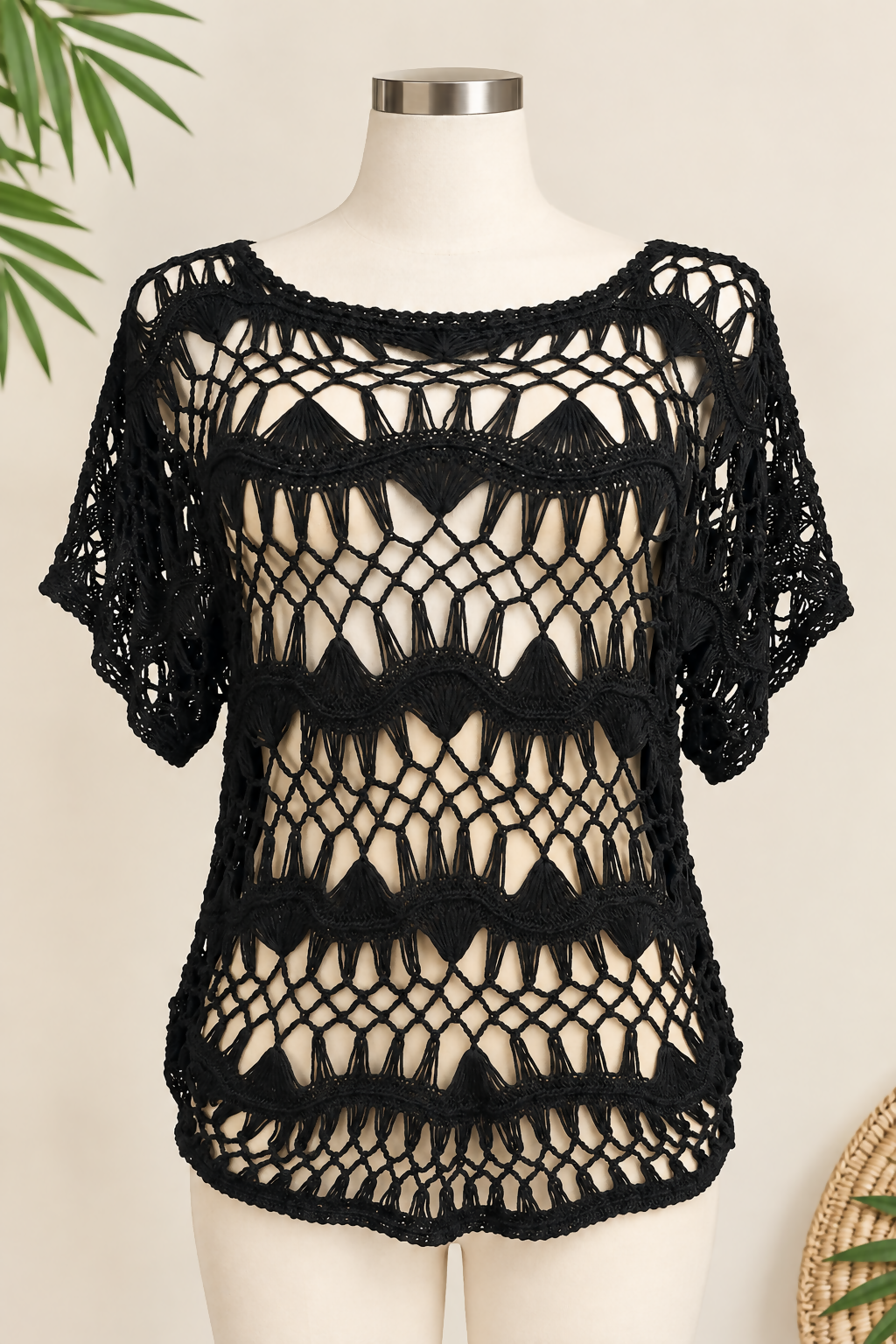 Crochet Short-Sleeve Beach Cover Up