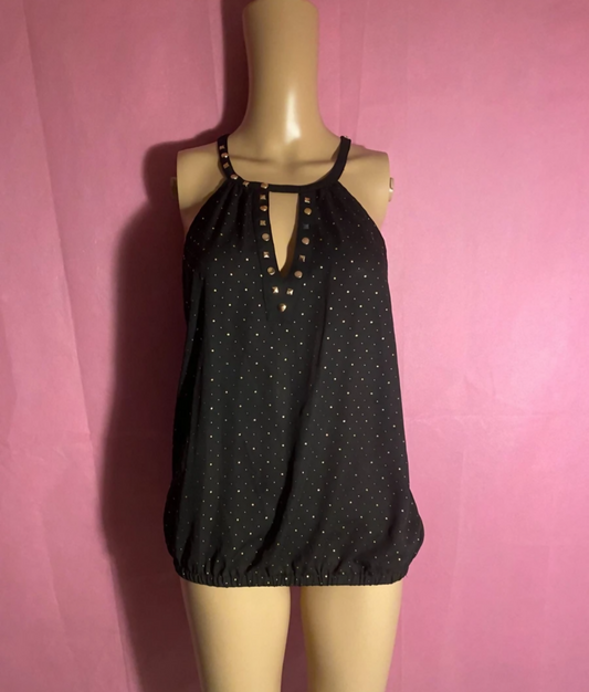 2B Bebe Women's Black Polyester Halter Neck Polka-Dots Sleeveless Blouse