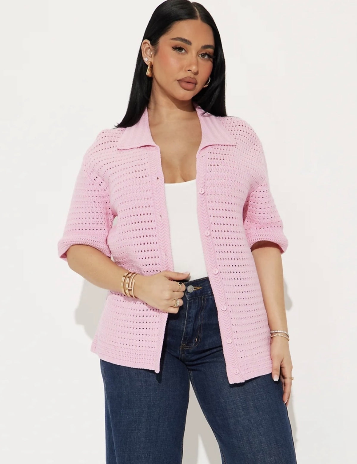 Pink Crochet Knit Cardigan