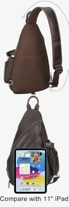 TIDING Men's Full Grain Leather Sling Shoulder Bag Casual Chest Bag