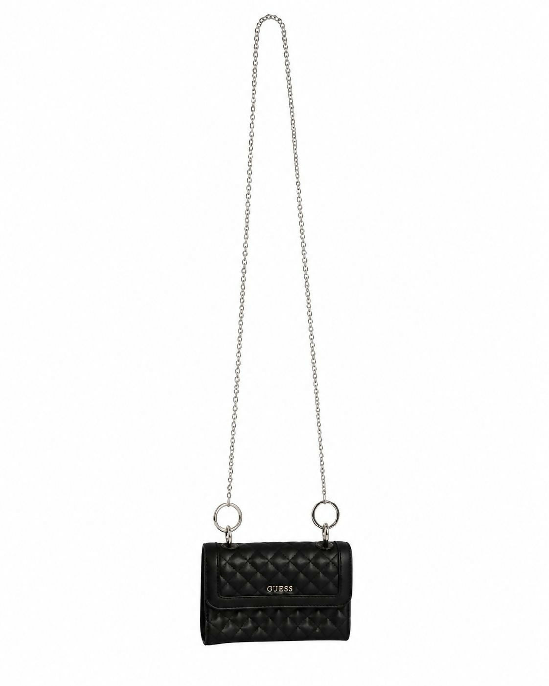 GUESS Black Quilted Wallet-on-Chain Mini Crossbody | Silver-Tone Chain