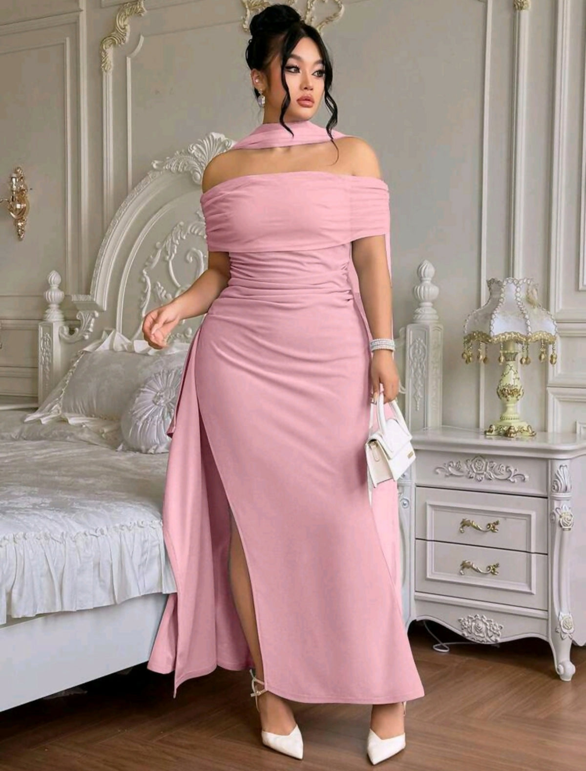 Roveilla Plus Size Elegant Off-Shoulder Open Back Evening Dress