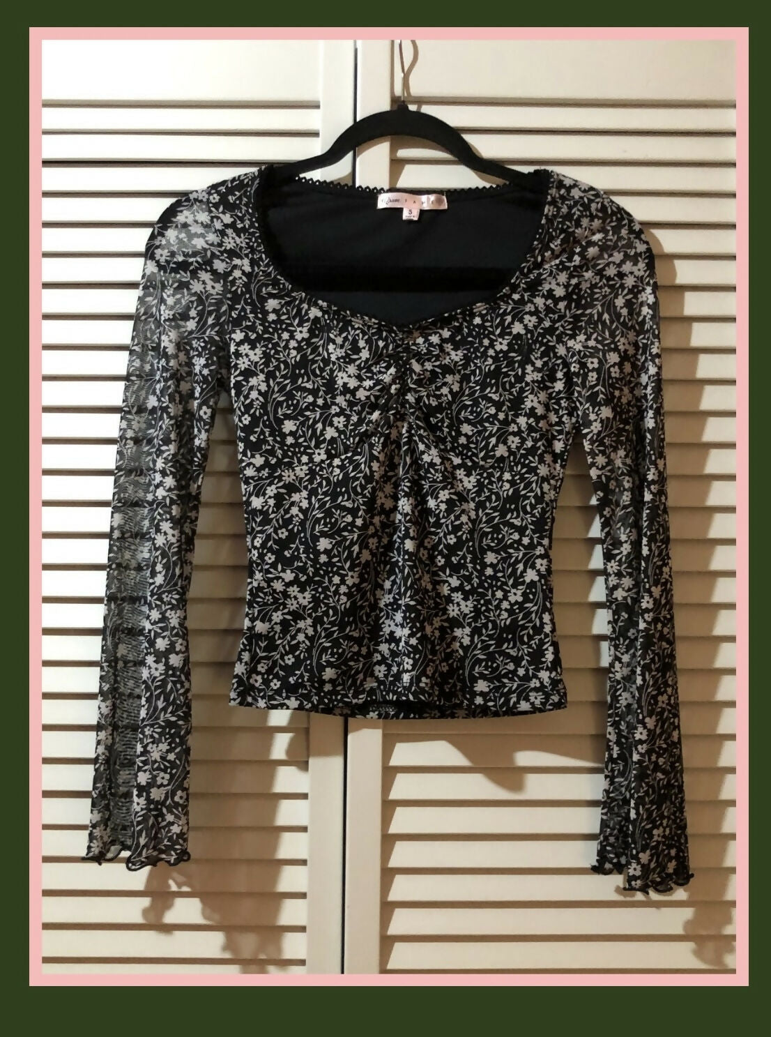 Black and white floral mesh long sleeve top