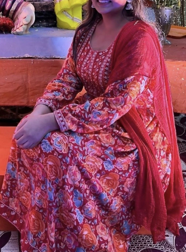 Red Floral Shalwar Set (top, pants & shawl)