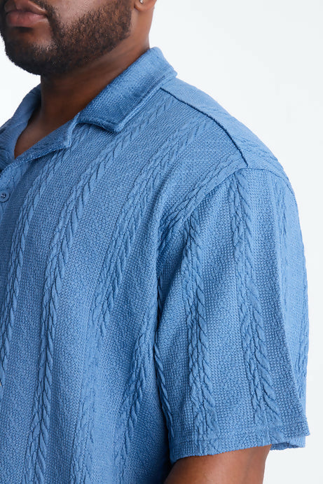 Fashion Nova Textured Stripes Cuban Short Sleeve Button Up Shirt