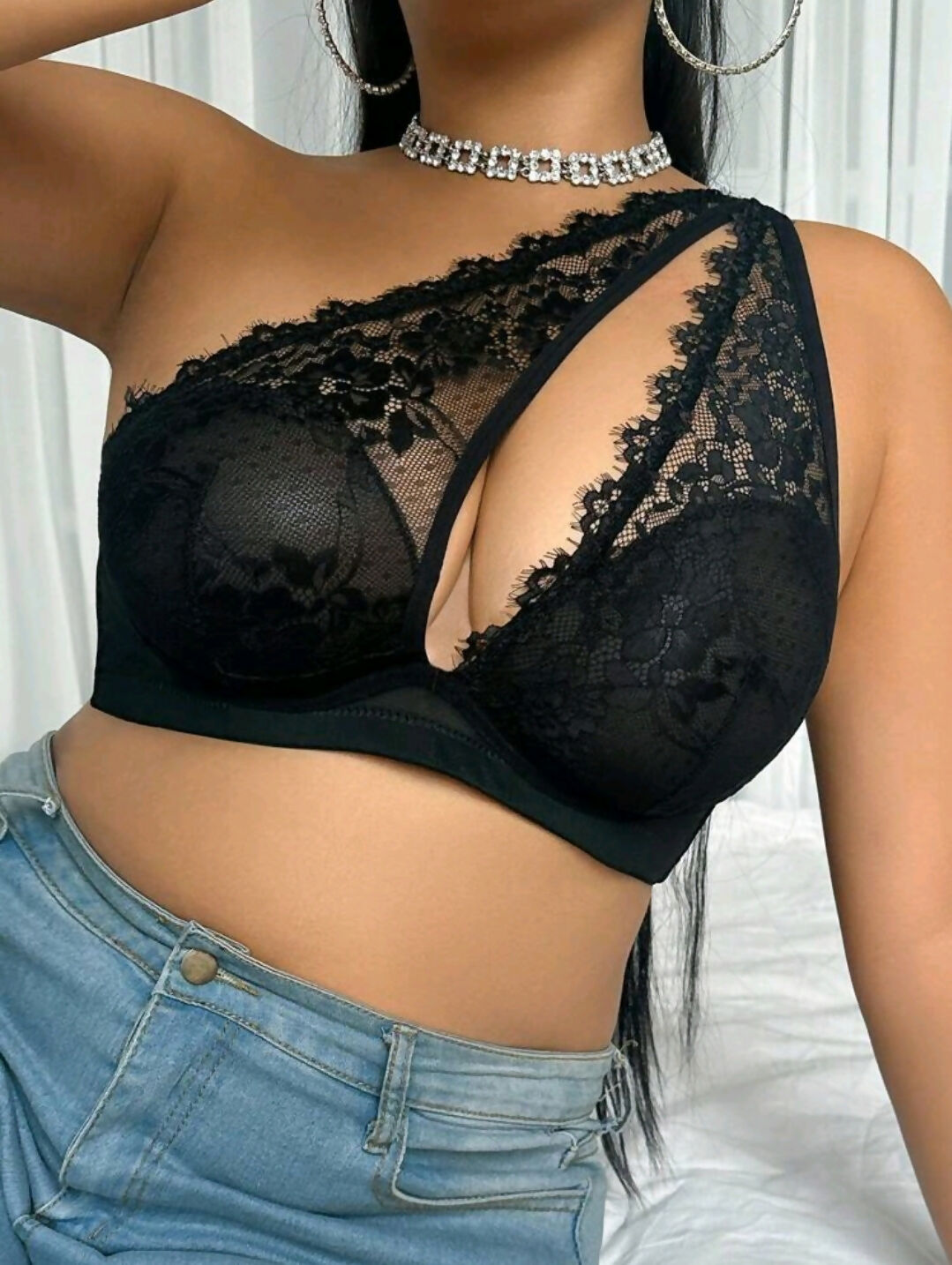 SHEIN Plus Size Lace Contrast Mesh Underwire Lace Bralette, Lift Lingerie Bra
