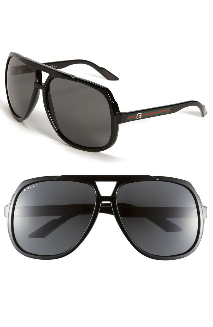 (NEW) Gucci Logo Temple 63mm Aviator Sunglasses