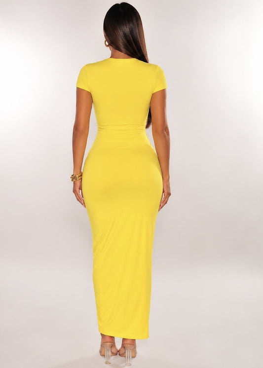 Hot Miami Styles Bright Yellow Ruched Side Slit Maxi Dress