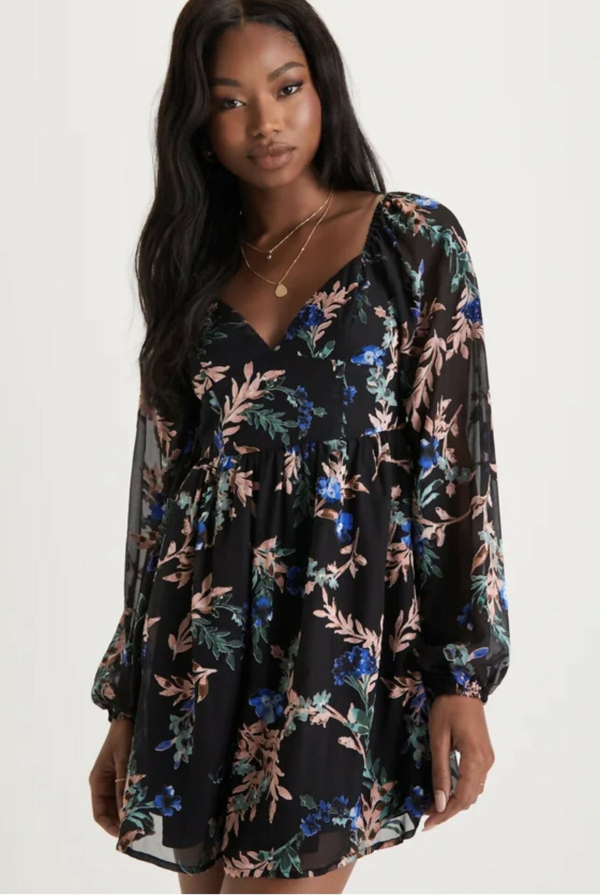 Loving Charm Black Chiffon Burnout Floral Velvet Mini Dress
