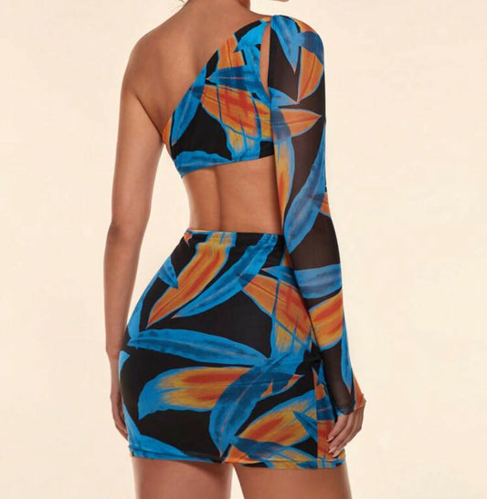 SHEIN BAE Allover Print One Shoulder Cut Out Waist Bodycon Dress