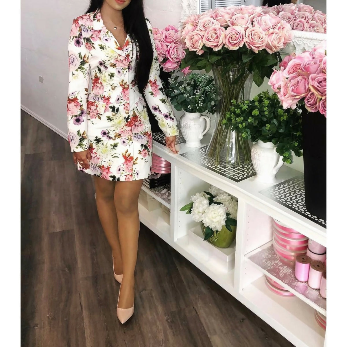 White Floral Blazer Dress