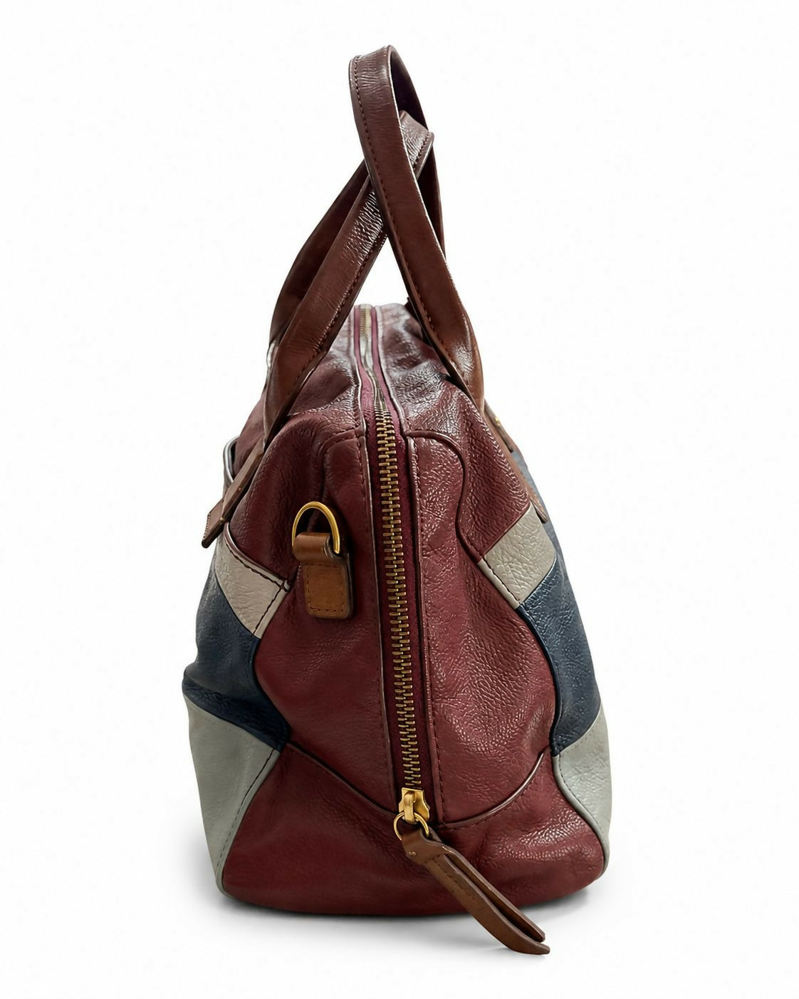 Fossil Colour-Block Leather Satchel Handbag | Burgundy, Navy & Grey