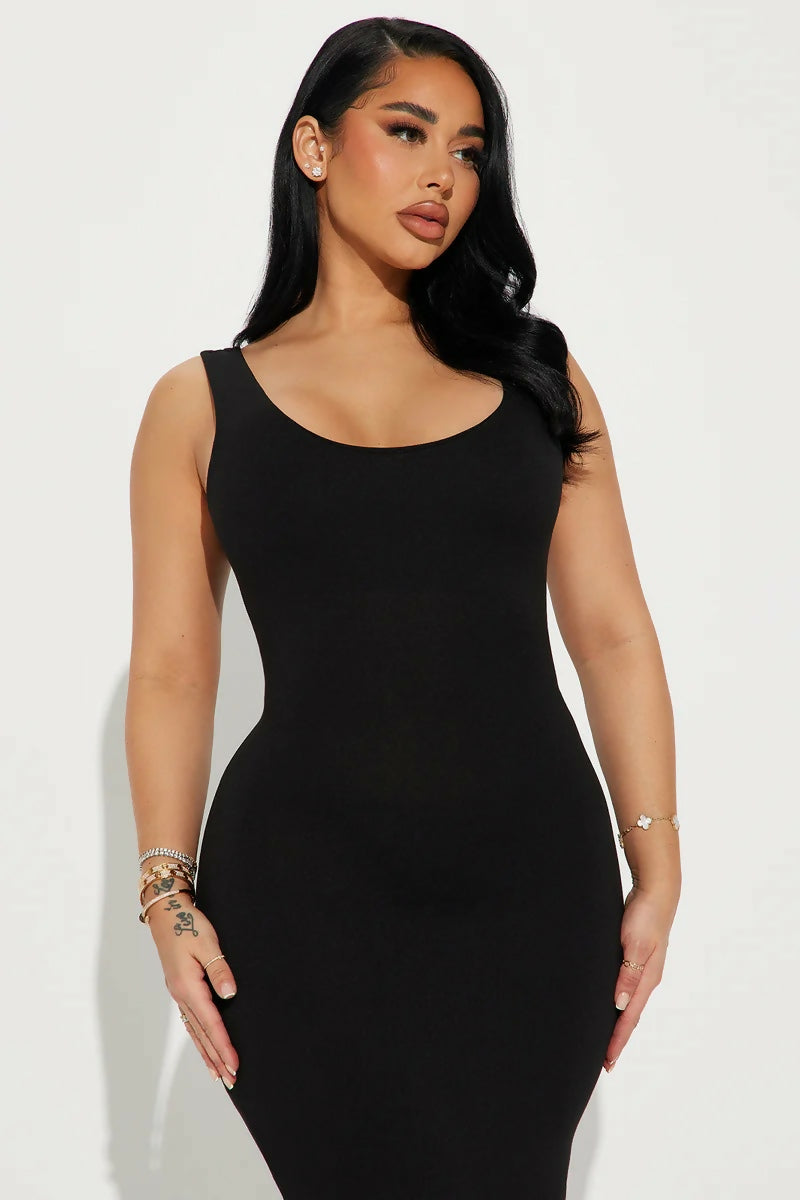 Double Scoop Neckline Midi Dress