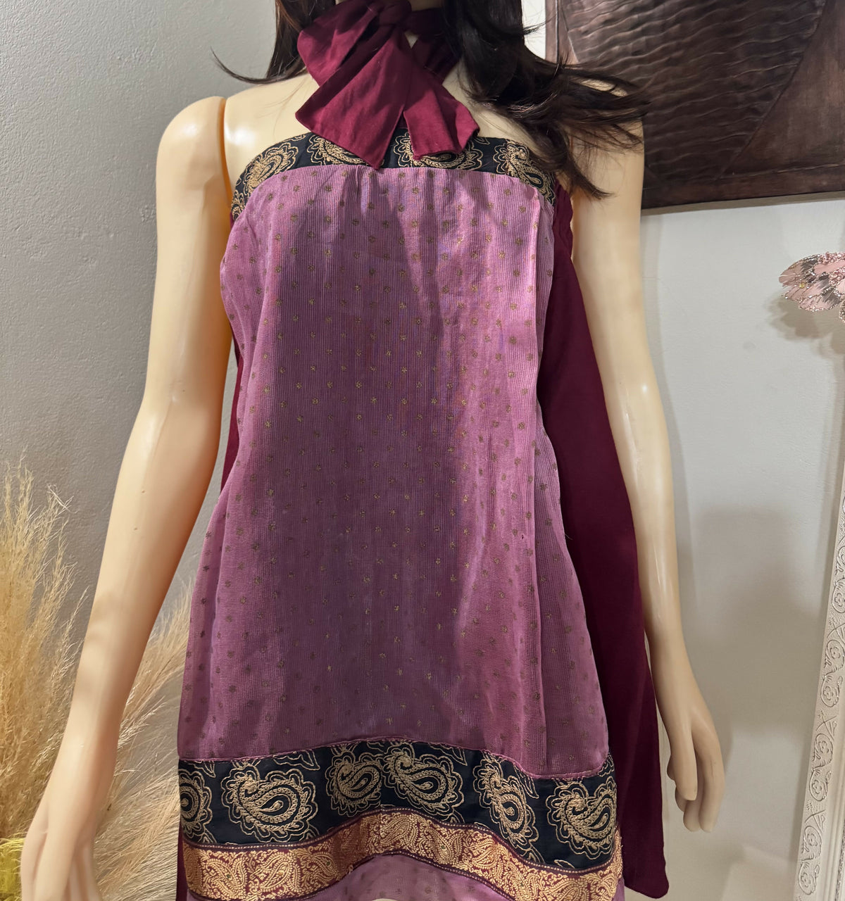 Meiling Burgundy & Orchid Sari-Inspired Halter Dress