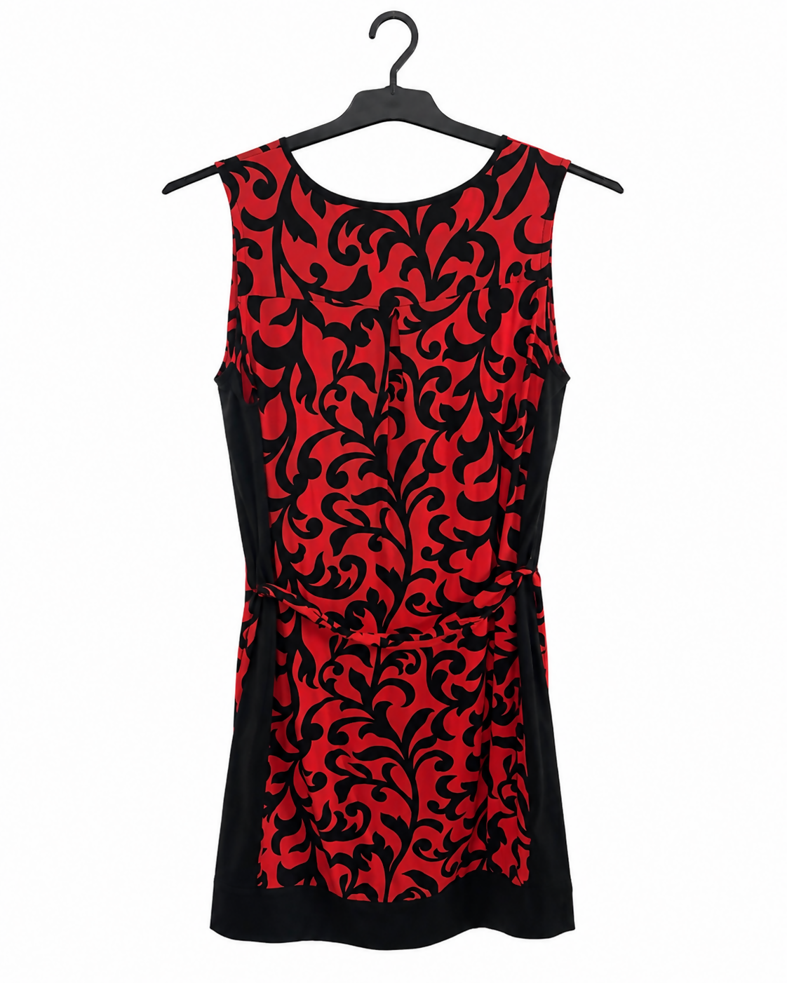 Ann Taylor Red & Black Scroll Print Belted Dress | Sleeveless Stretch Jersey