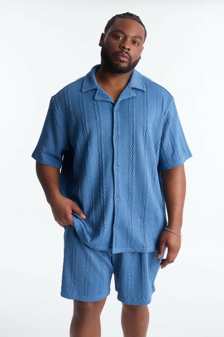 Fashion Nova Textured Stripes Cuban Short Sleeve Button Up Shirt