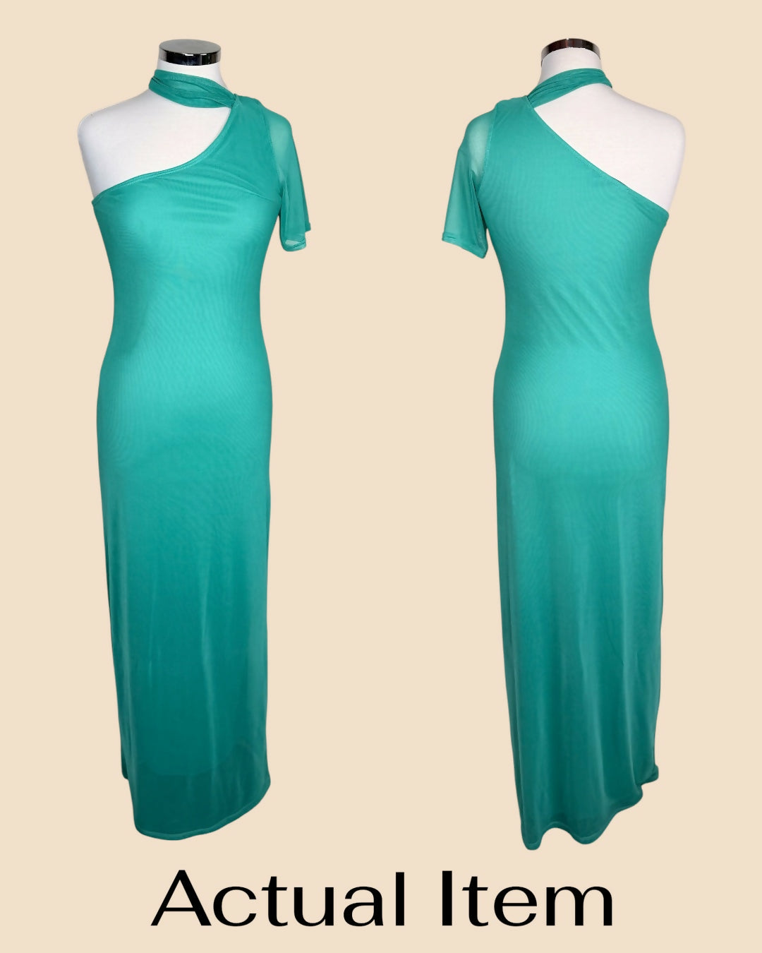 FashionNova Mint Mesh One-Shoulder Maxi Dress