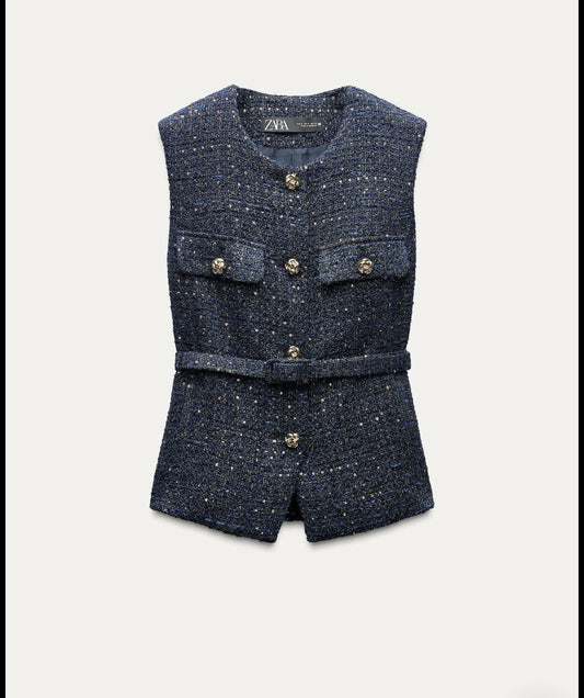 ZARA NAVY BLUE ELEGANT BELTED SEQUIN STRUCTURED TWEED VEST
