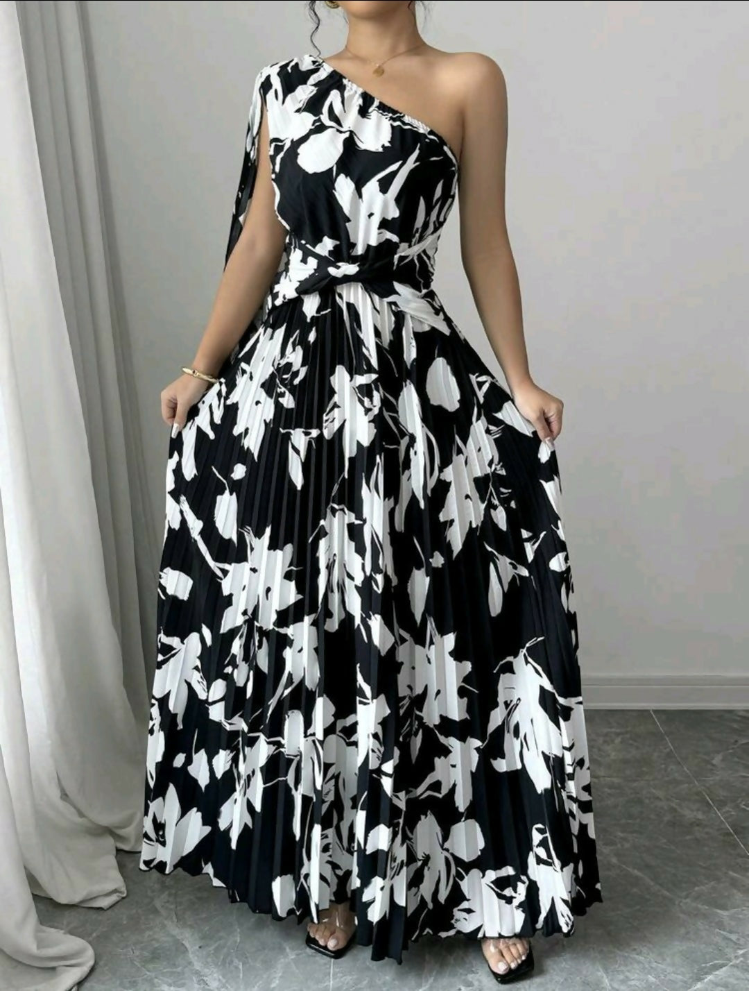 Monochrome Abstract Floral One-Shoulder Pleated Maxi Dress