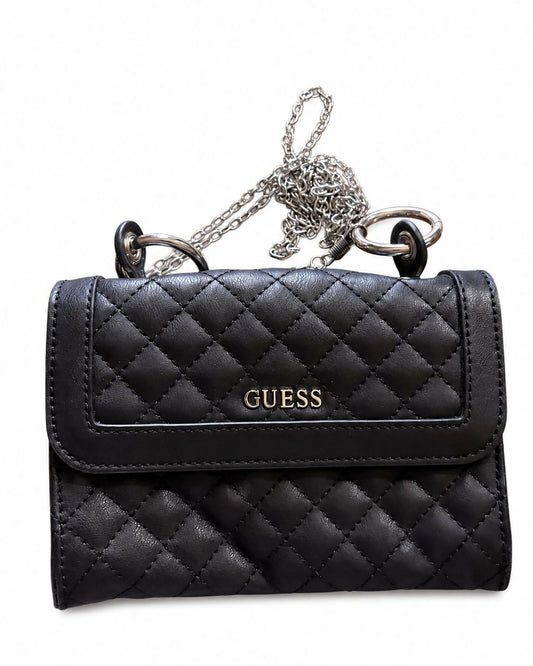 GUESS Black Quilted Wallet-on-Chain Mini Crossbody | Silver-Tone Chain