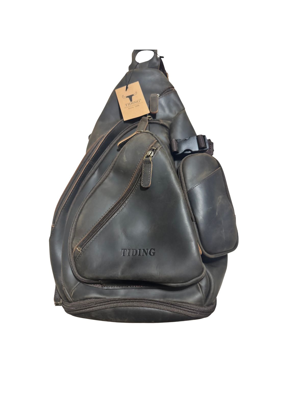 TIDING Men's Full Grain Leather Sling Shoulder Bag Casual Chest Bag
