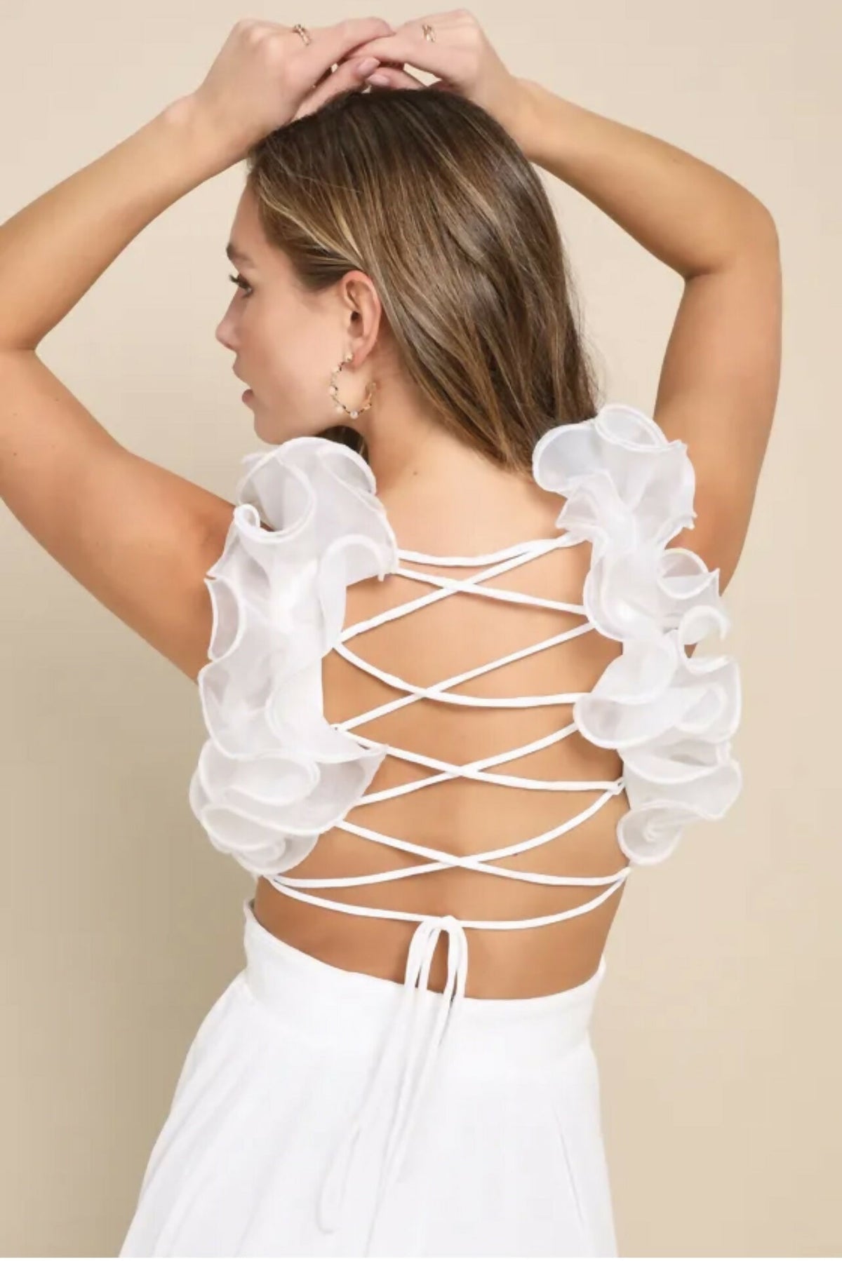 Contemporary Poise White Pleated Ruffled Lace-Up Midi Dress