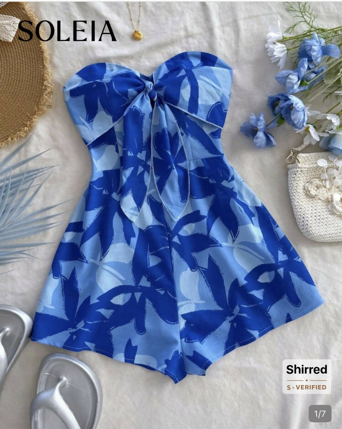 Soleia Women's Light Blue Floral Summer Boho Romper,Strapless Front Twist Backless Loose Fit
