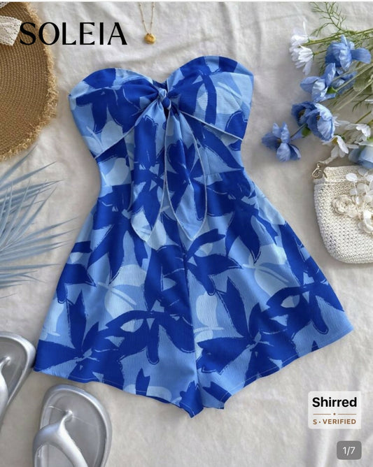 Soleia Women's Light Blue Floral Summer Boho Romper,Strapless Front Twist Backless Loose Fit
