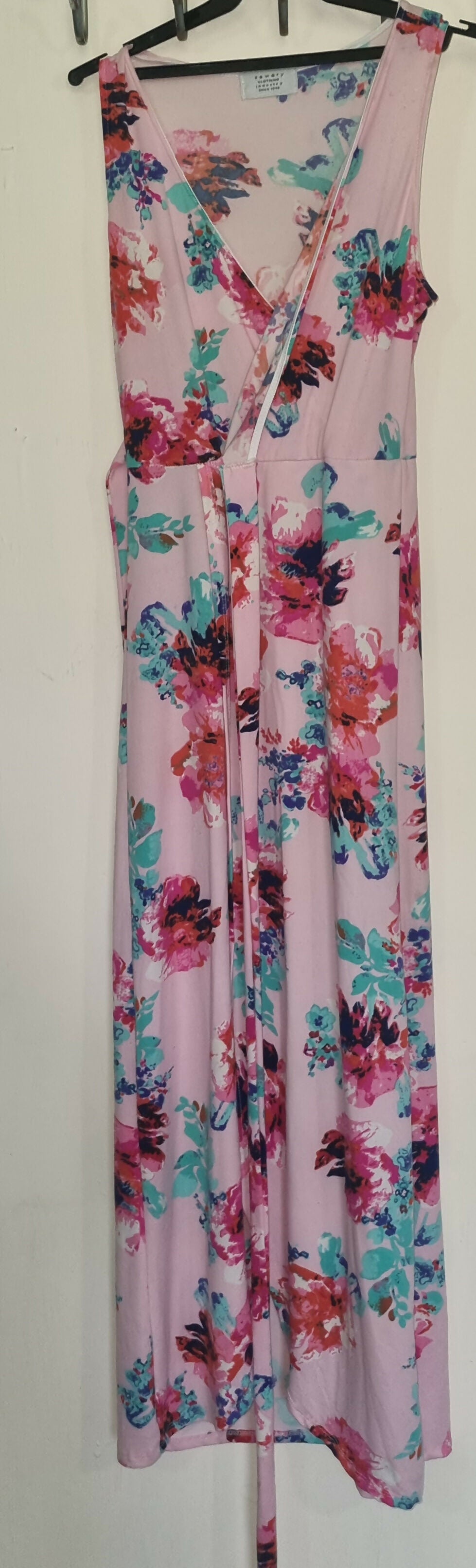 Pink Floral V Neck Dress with Leg Silt and Ribbon Waist Tie Detail