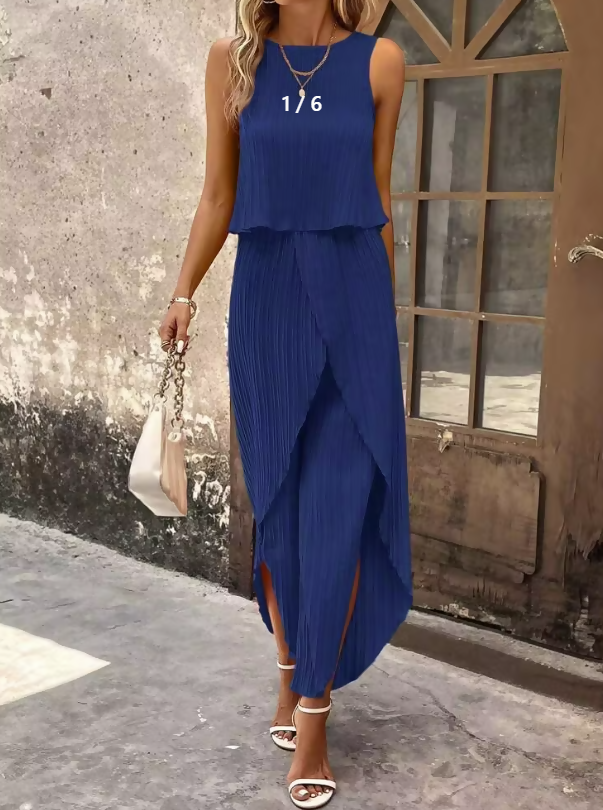 SHEIN LUNE Dark Blue Pleated Tank Top & Wrap Hem Pants Set