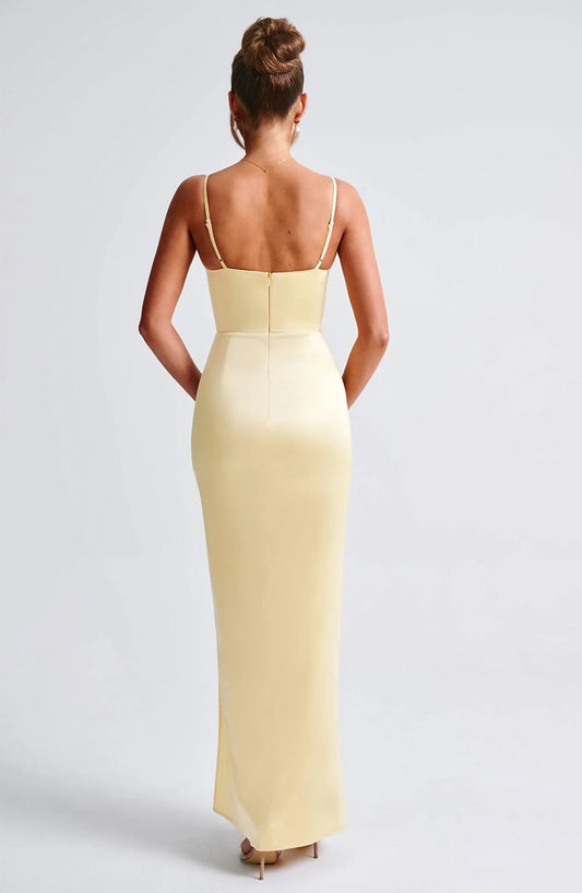 Lemon Yellow Satin Maxi Dress