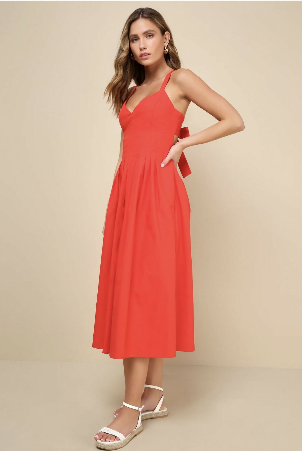Strolling Sicily Red Pleated Backless Midi Dress With Pockets