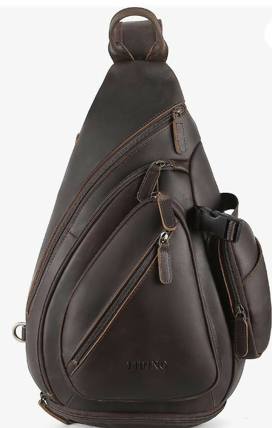 TIDING Men's Full Grain Leather Sling Shoulder Bag Casual Chest Bag