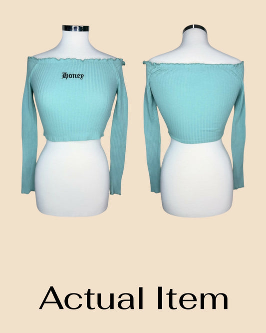 FashionNova Off-Shoulder Honey Graphic Crop Top