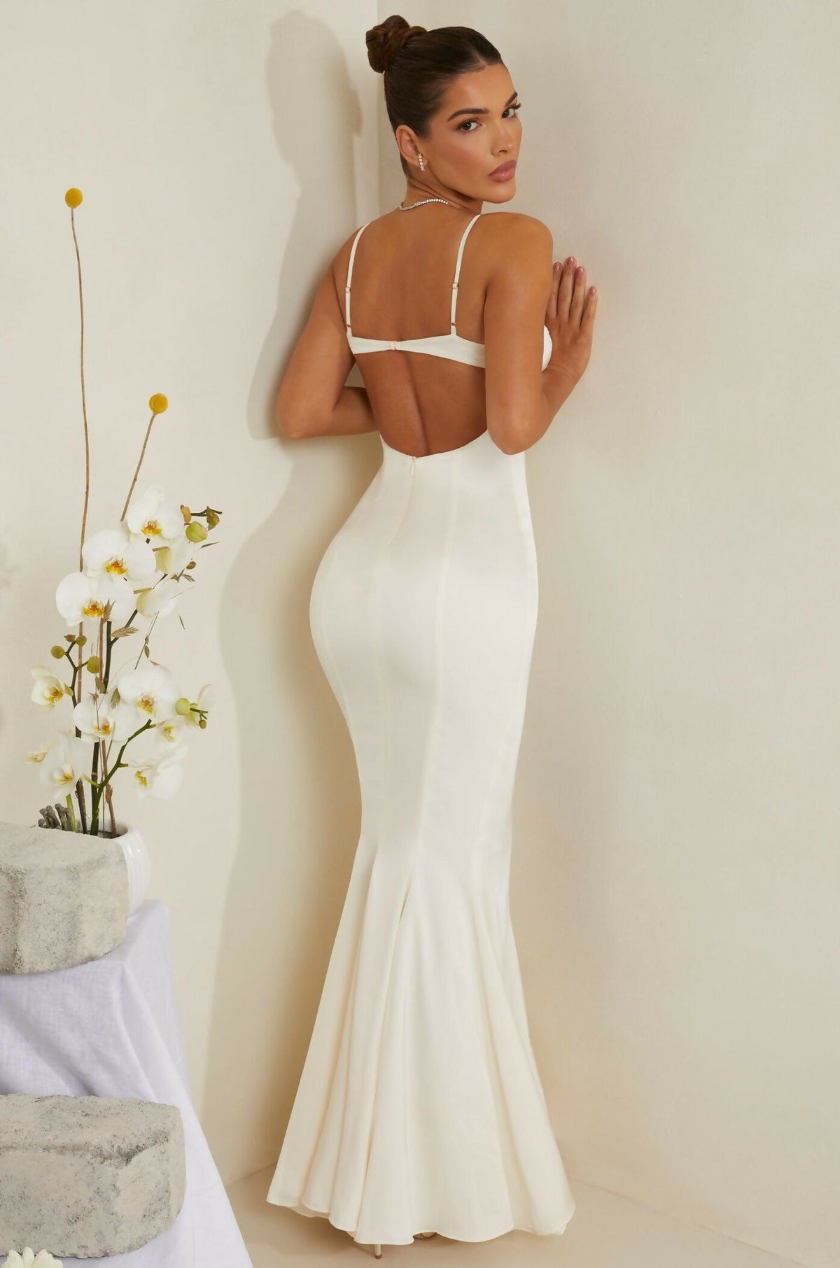 Oh Polly Flavia Cut Out Fishtail Maxi White/Ivory Dress