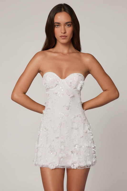 Oh Polly White Floral Embellished Strapless Mini Dress