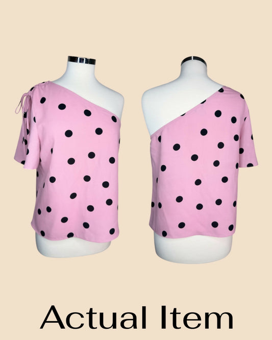 Bar III Pink & Black Polka Dot One-Shoulder Blouse