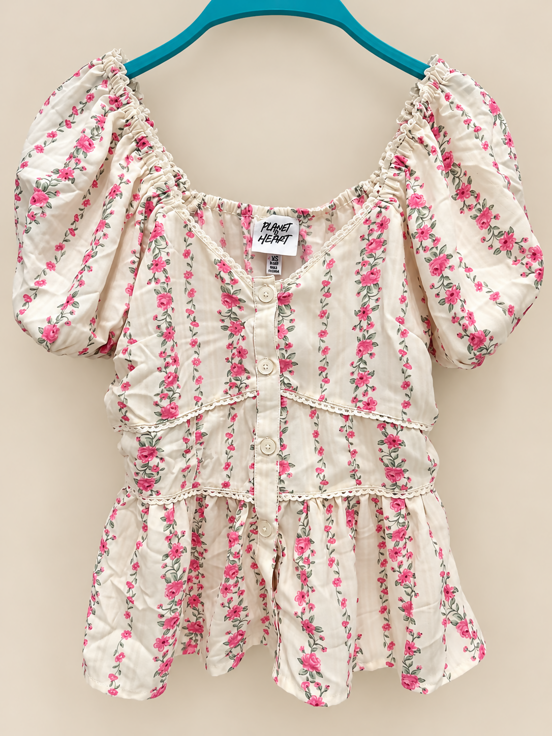 Planet Heart Floral Puff-Sleeve Top – XS – Never Worn