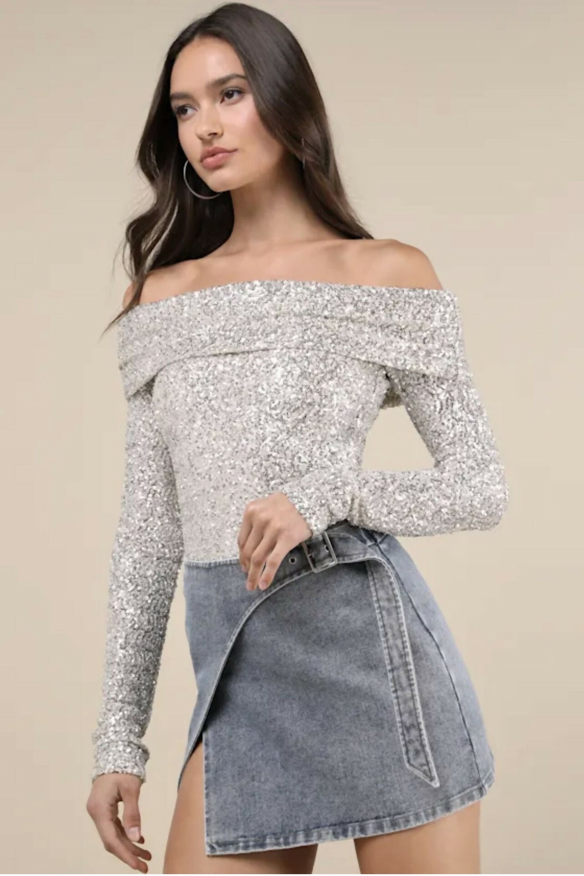 Lulus Marvelous Dazzle Champagne Sequin Off-the-Shoulder Top