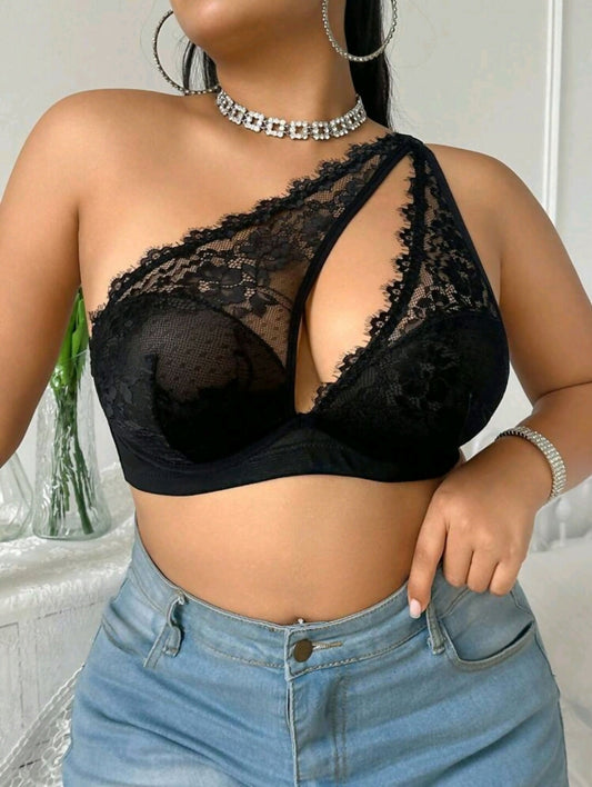 SHEIN Plus Size Lace Contrast Mesh Underwire Lace Bralette, Lift Lingerie Bra