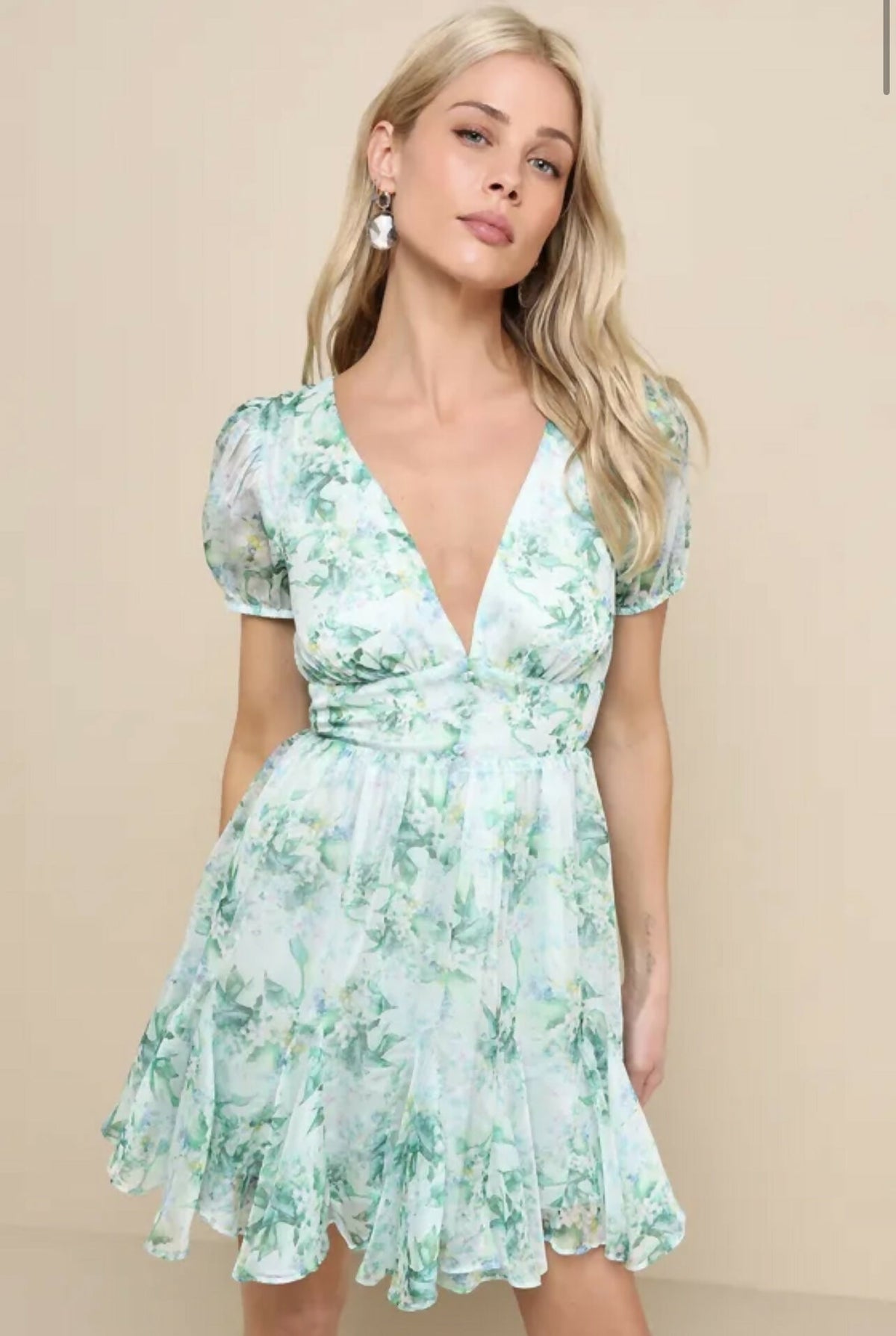 Adored Behavior Light Green Floral Cutout Puff Sleeve Mini Dress