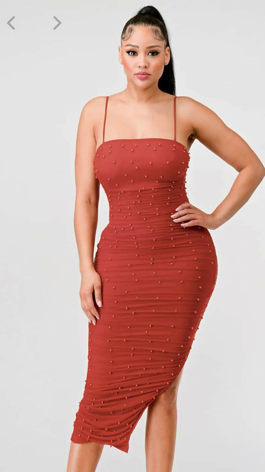 Rust Orange Ruched Pearl-Embellished Dress