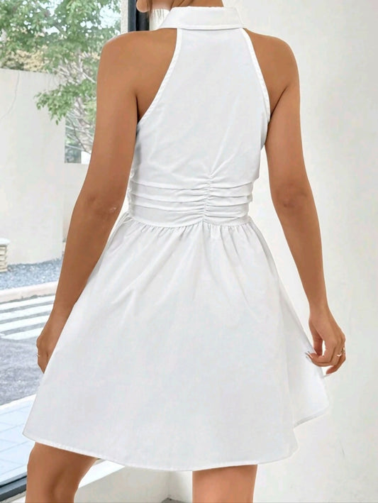 White Pleated Shirt Sleeveless Dress