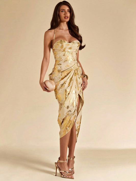 (NEW) Gold High Slit Dress